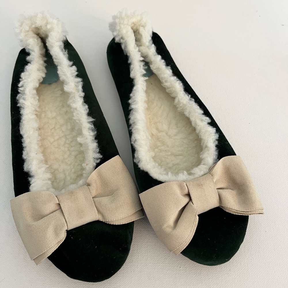 Frances Valentine Green Velvet Slippers with Cream Bow